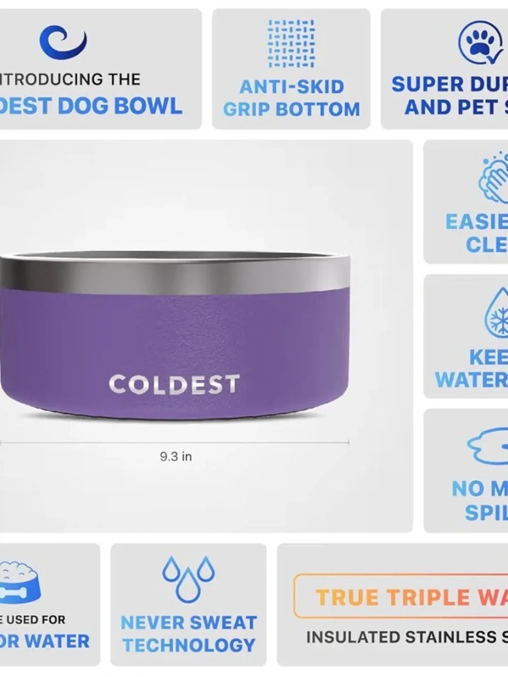 Purple Stainless Steel Dog Bowl — Non-Slip Pet Feeder